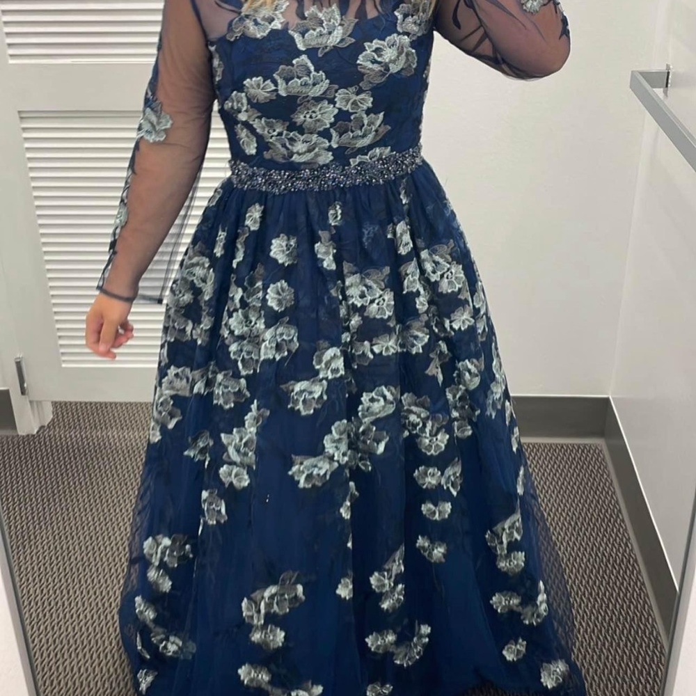 Mac Duggal midnight  navy floral embroidered gown